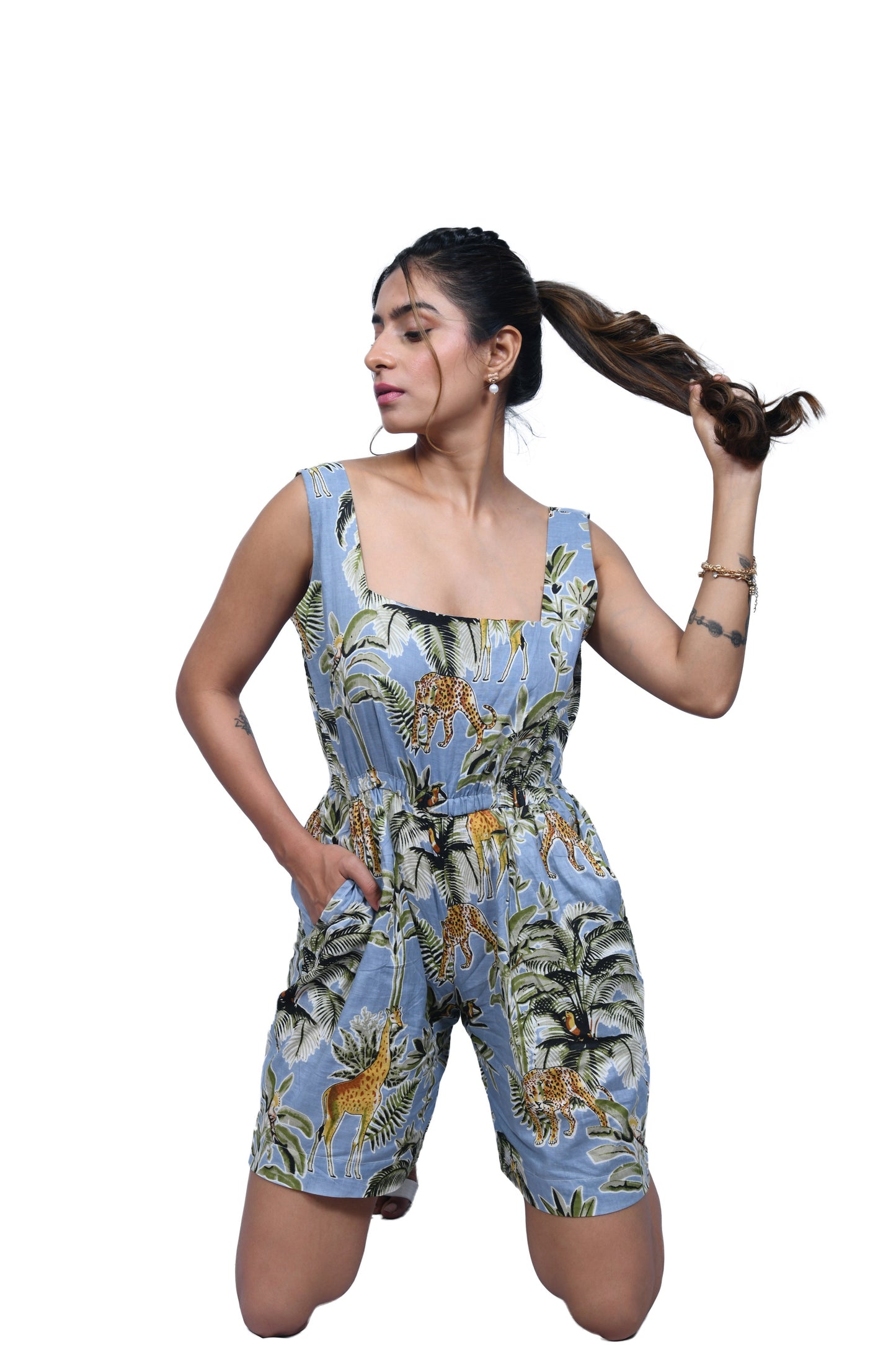 Exotic Tropical Safari Bow Tie Jumpsuit for Women